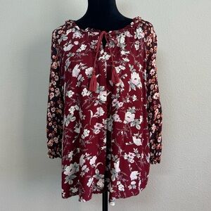 Marrakesh top women small lightweight floral lantern sleeve tunic blouse red